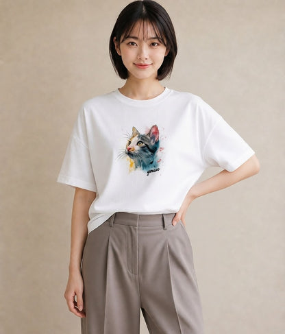 デザインTシャツ レディース アメリカンショートヘア 猫 ねこ イラスト ミセス 春コーデ 白T YMAZO