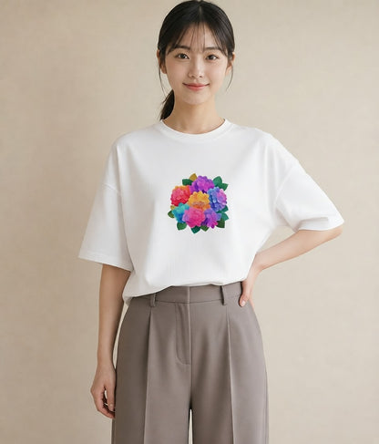 半袖Tシャツ レディース あじさい 紫陽花 アジサイ 花 花柄 イラスト カフェコーデ お出かけ 普段着 白T YMAZO