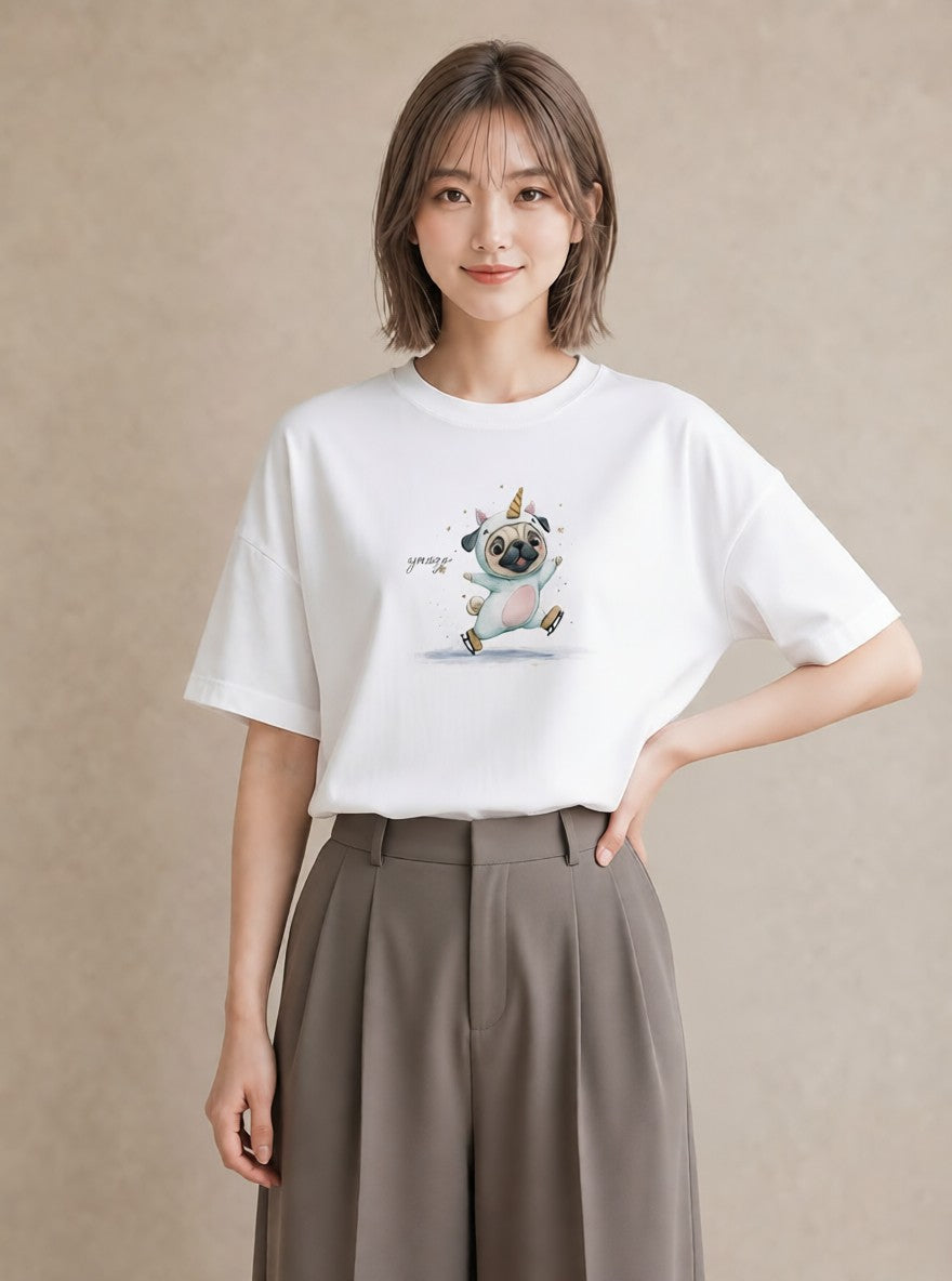 プリントTシャツ レディース パグ 犬 いぬ イラスト ニュアンス 社会人 女性 白T YMAZO