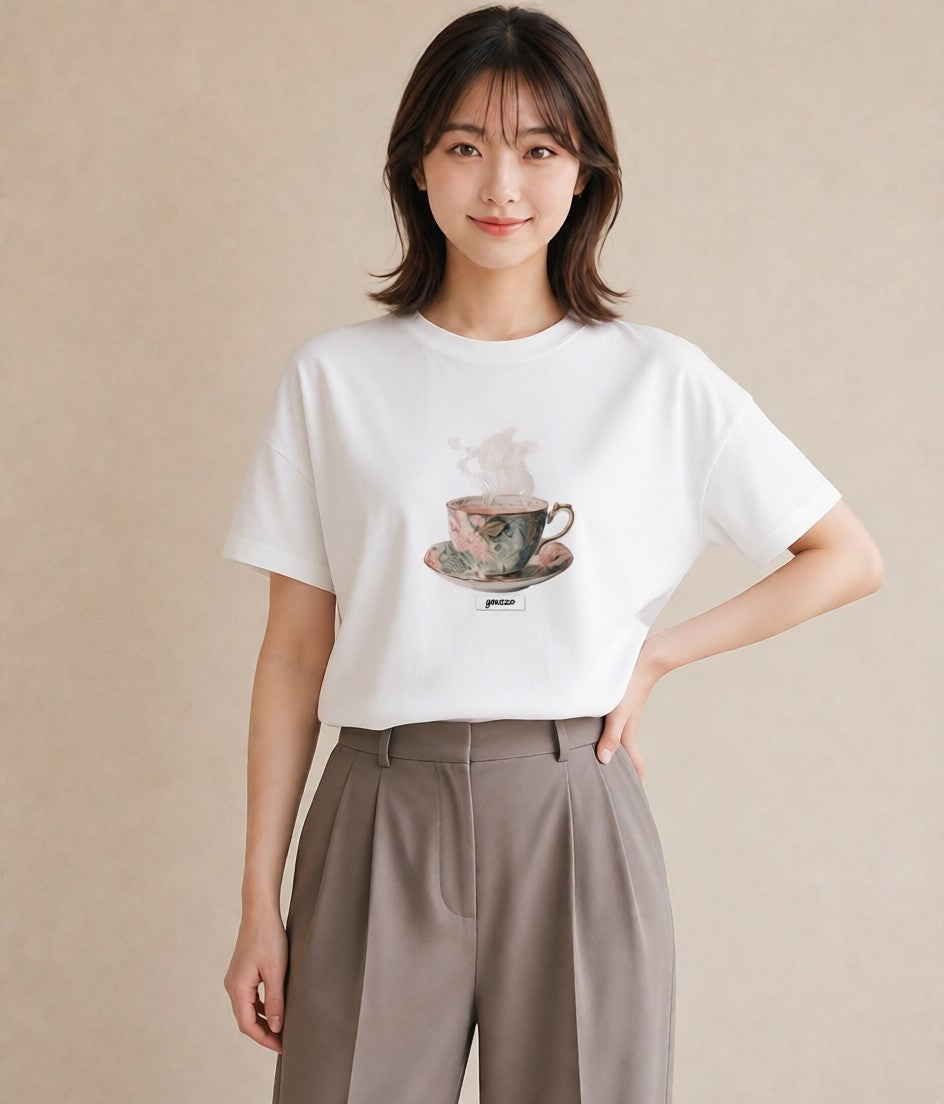 プリントTシャツ レディース ハーブティー 食べ物 フード イラスト レトロ 帰省 ラフ 白T YMAZO