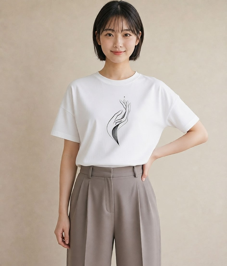 プリントTシャツ レディース 手鏡 アンティーク レトロ ナチュラル イラスト カジュアル 20代 カジュアルコーデ 白T YMAZO