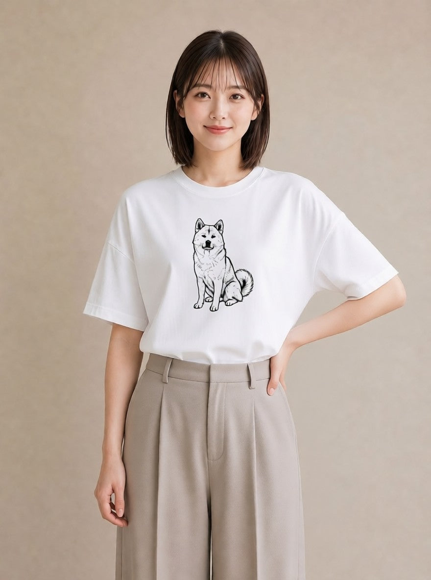 Tシャツ レディース 秋田犬 犬 いぬ イラスト 北欧風 部屋着 女性向けギフト 白T YMAZO