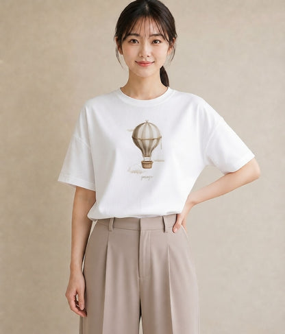 デザインTシャツ レディース 紙風船 和紙 ナチュラル アンティーク イラスト ニュアンス 綿100 デート 白T YMAZO