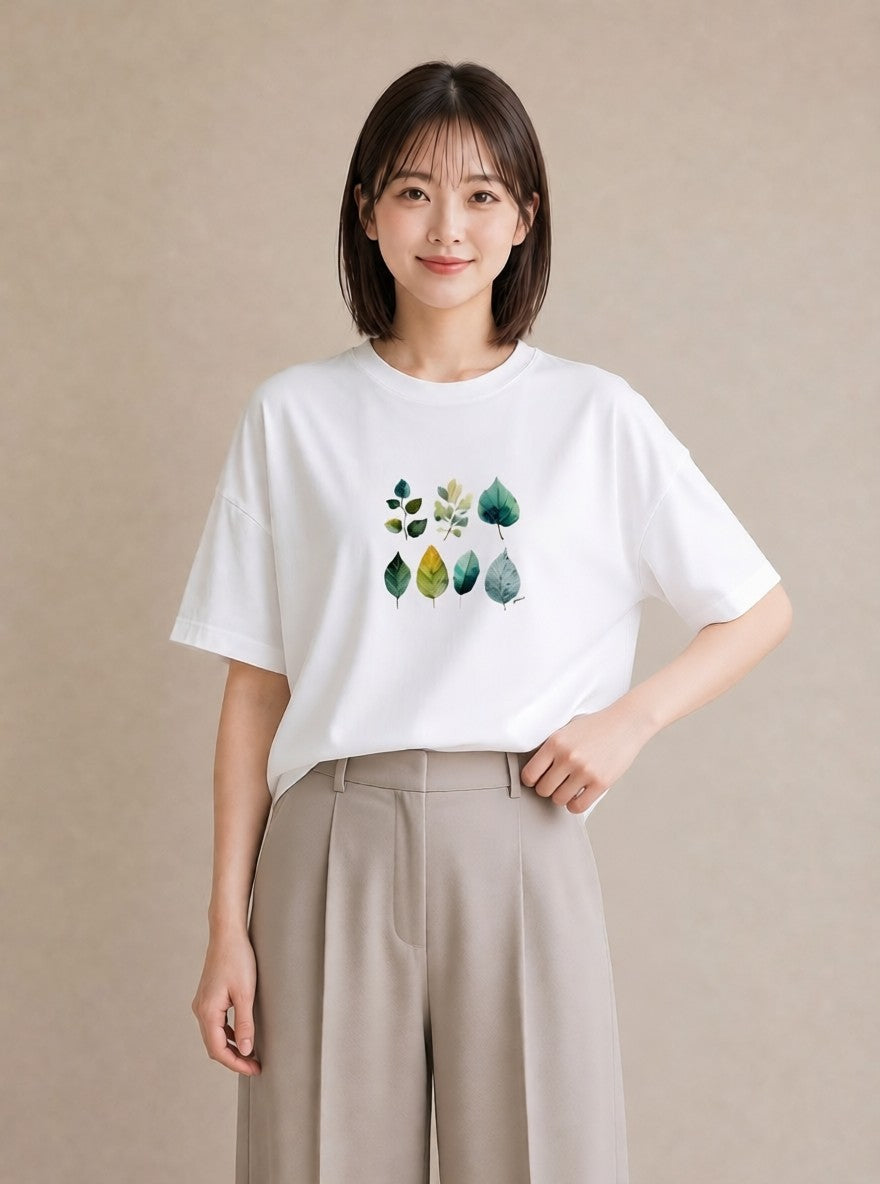 デザインTシャツ レディース 葉っぱ 植物 ボタニカル イラスト 線画 親子 20代 白T YMAZO