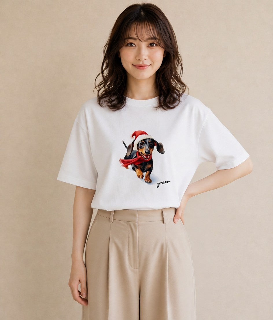 デザインTシャツ レディース ミニチュアダックスフンド 犬 いぬ イラスト モード ママ カフェ服 白T YMAZO