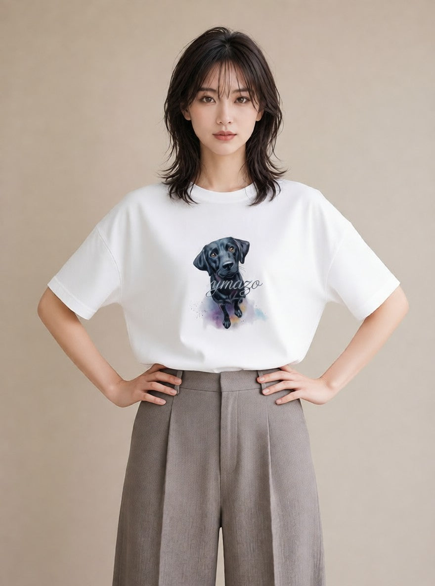 半袖Tシャツ レディース ラブラドールレトリバー 犬 いぬ イラスト フェミニン カフェ服 クリスマス 白T YMAZO