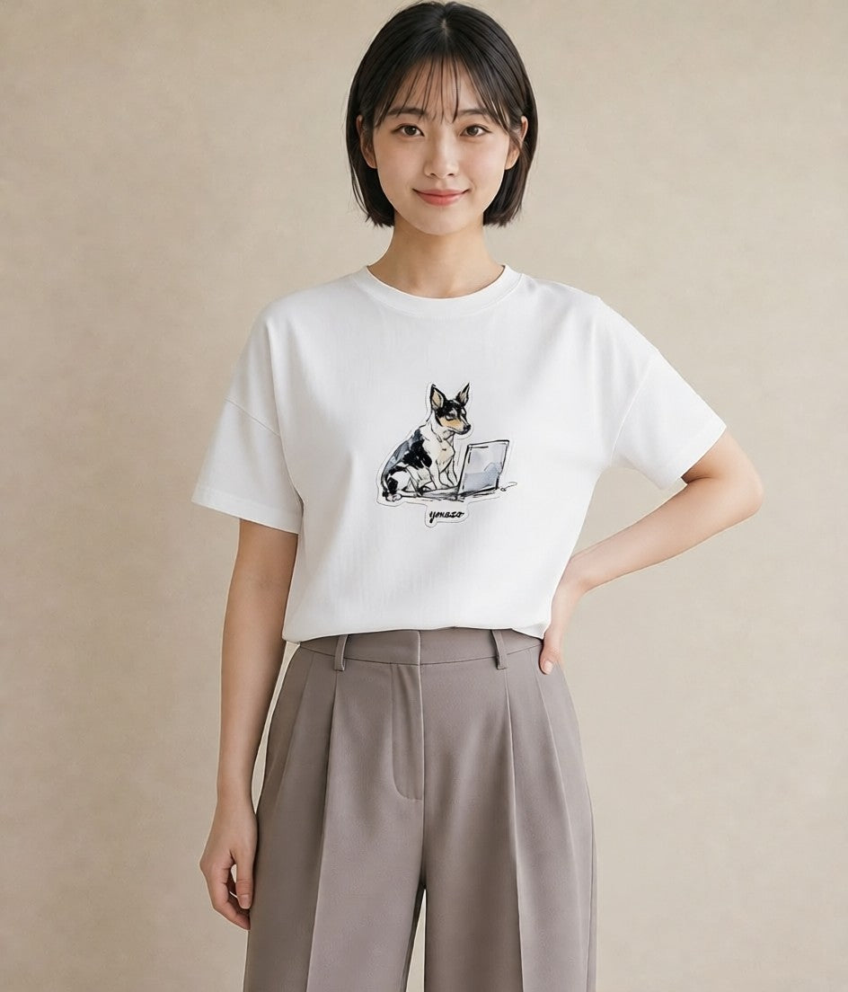 デザインTシャツ レディース 犬 いぬ イラスト カフェコーデ ビーチ デイリーウェア 白T YMAZO