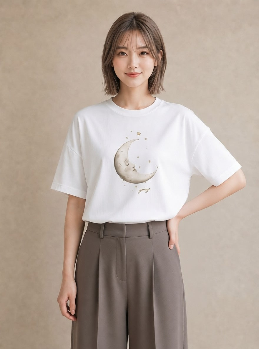 プリントTシャツ レディース 三日月 星空 宇宙 イラスト きれいめ おしゃれギフト 社会人 白T YMAZO