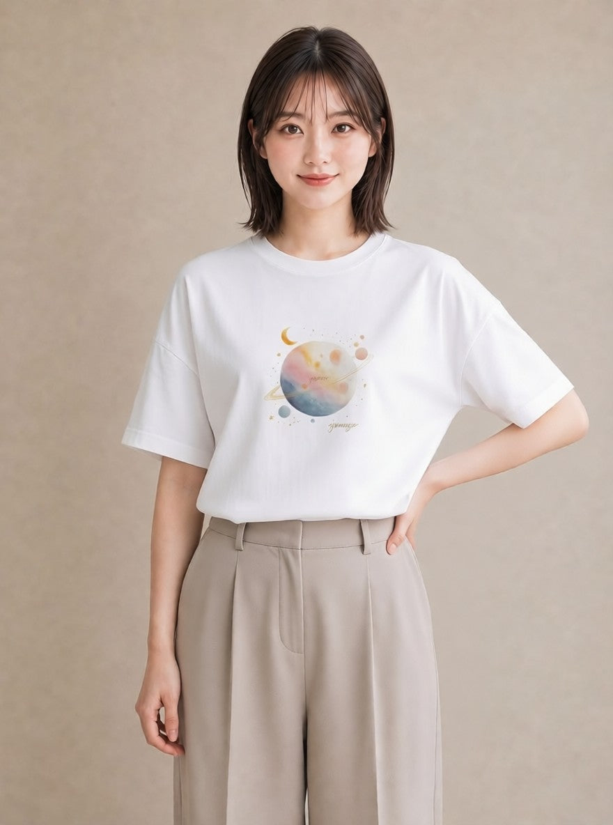 プリントTシャツ レディース 太陽 星空 宇宙 イラスト 水彩風 クリスマス 旅行 白T YMAZO