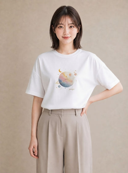 プリントTシャツ レディース 太陽 星空 宇宙 イラスト 水彩風 クリスマス 旅行 白T YMAZO