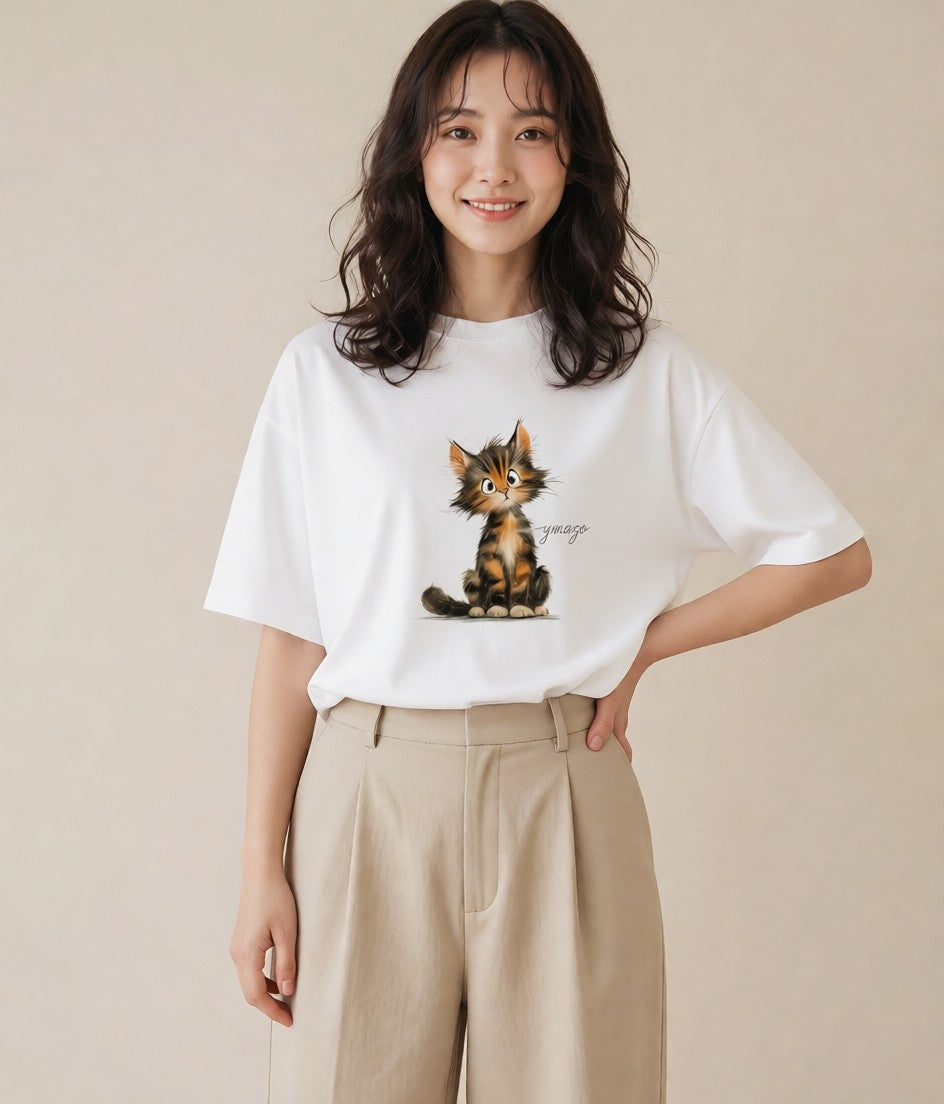 Tシャツ レディース 茶トラ 茶猫 猫 ねこ イラスト ボタニカル カジュアルコーデ 買い物 白T YMAZO