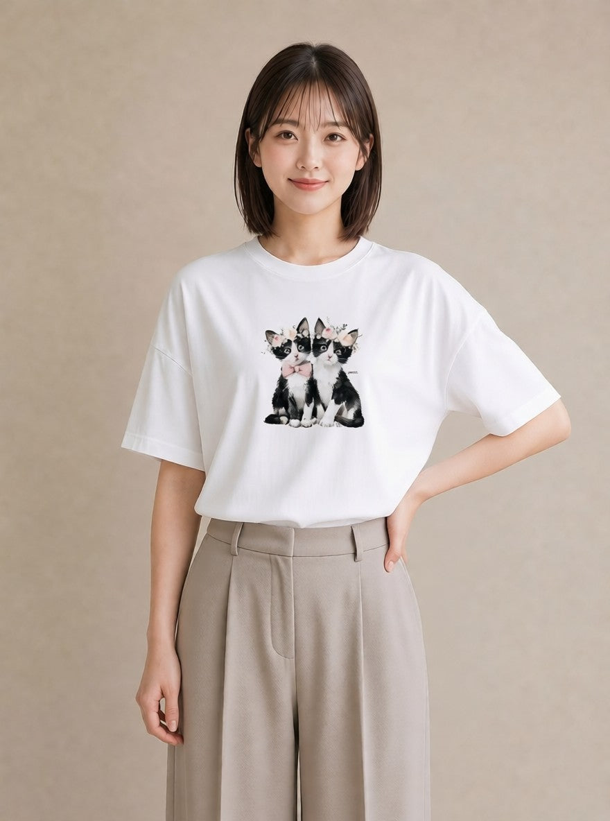デザインTシャツ レディース ハチワレ 白黒猫 猫 ねこ イラスト カフェコーデ カフェ巡り 女子会 白T YMAZO