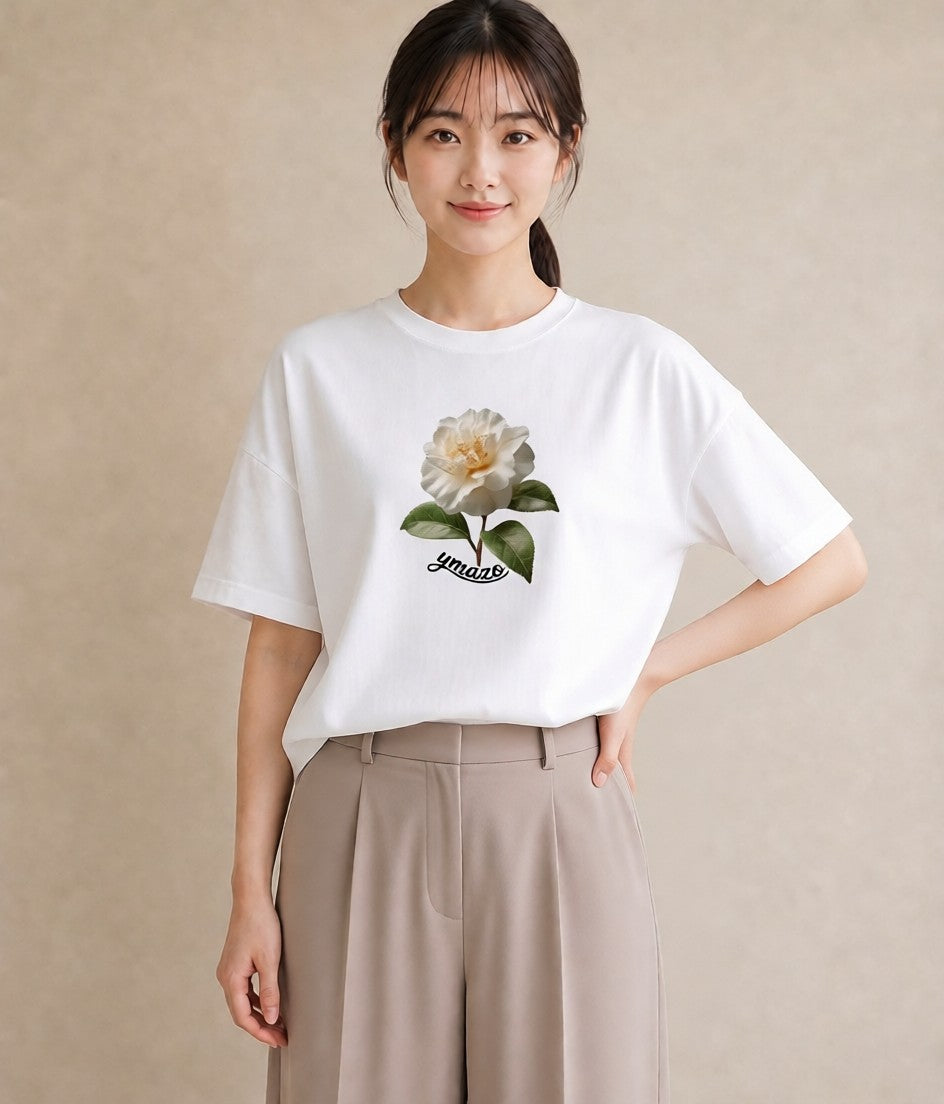 半袖Tシャツ レディース 椿 花 花柄 イラスト ミニマル デイリーウェア 休日 白T