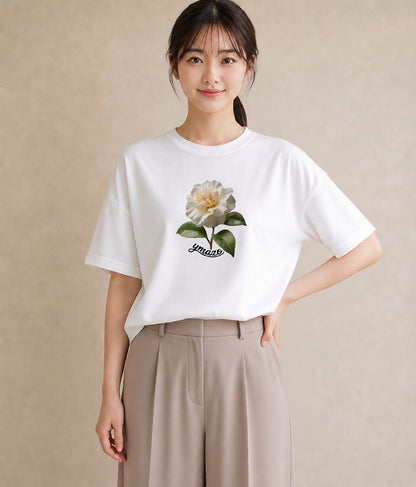 半袖Tシャツ レディース 椿 花 花柄 イラスト ミニマル デイリーウェア 休日 白T