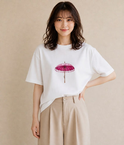 半袖Tシャツ レディース 傘 水たまり 雨 ナチュラル アンティーク イラスト レトロ 休日 ペアコーデ 白T YMAZO