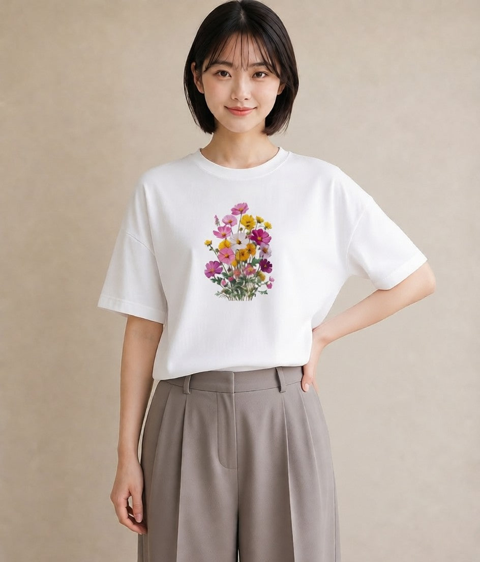 半袖Tシャツ レディース コスモス 秋桜 花 花柄 イラスト ゆるかわ お出かけ 普段着 白T YMAZO