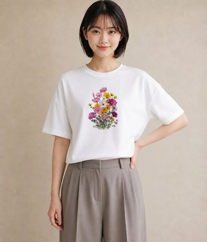 半袖Tシャツ レディース コスモス 秋桜 花 花柄 イラスト ゆるかわ お出かけ 普段着 白T YMAZO