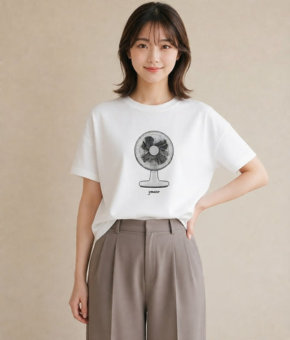 Tシャツ レディース 扇子 そよ風 ナチュラル アンティーク イラスト 休日コーデ 秋コーデ おしゃれギフト 白T YMAZO