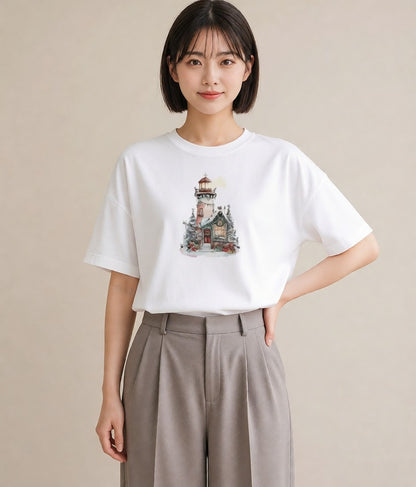 プリントTシャツ レディース 灯台 霧 海 ナチュラル アンティーク イラスト カジュアル 姉妹 送別ギフト 白T YMAZO