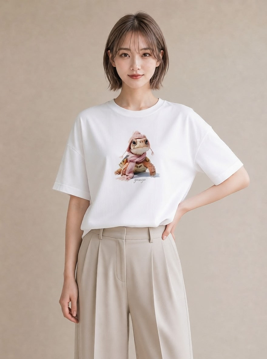 プリントTシャツ レディース カメ ペット 動物 イラスト シック ビーチ デイリーウェア 白T YMAZO