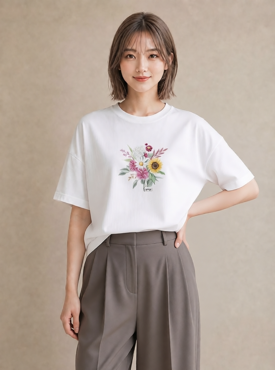 デザインTシャツ レディース ひまわり 向日葵 花 花柄 イラスト ナチュラル 母の日 ビーチ 白T YMAZO
