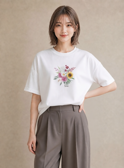 デザインTシャツ レディース ひまわり 向日葵 花 花柄 イラスト ナチュラル 母の日 ビーチ 白T YMAZO