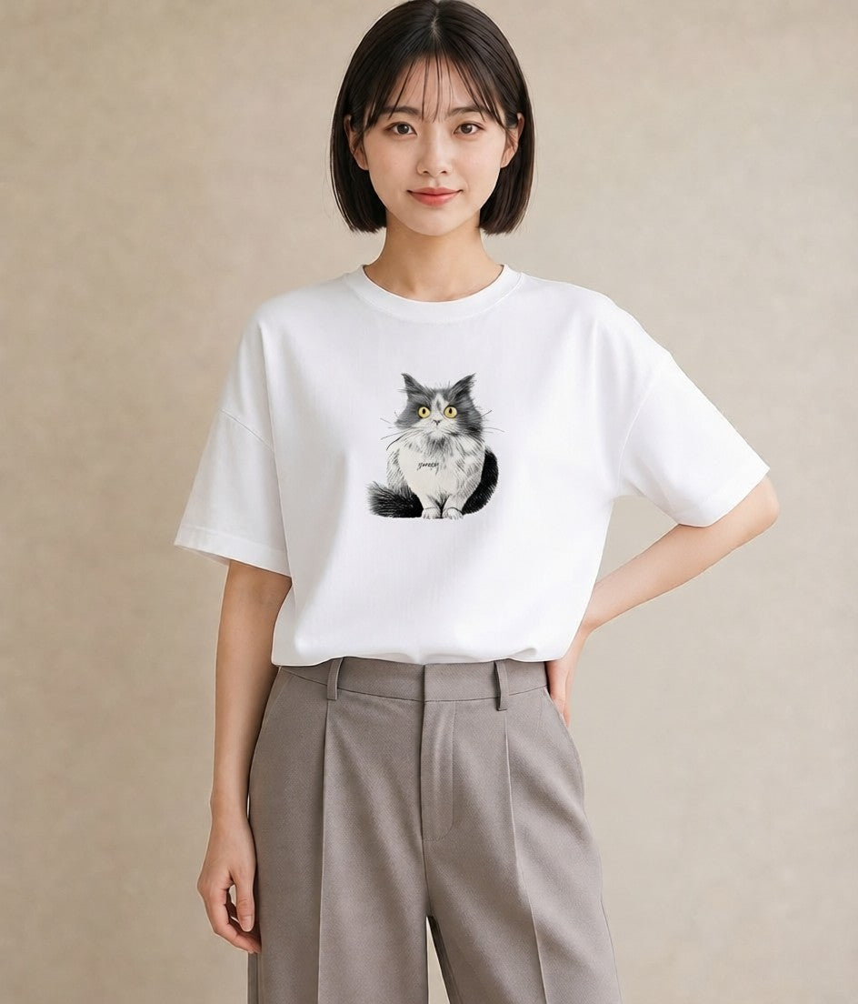 Tシャツ レディース ペルシャ 猫 ねこ イラスト 北欧風 買い物 夏コーデ 白T YMAZO