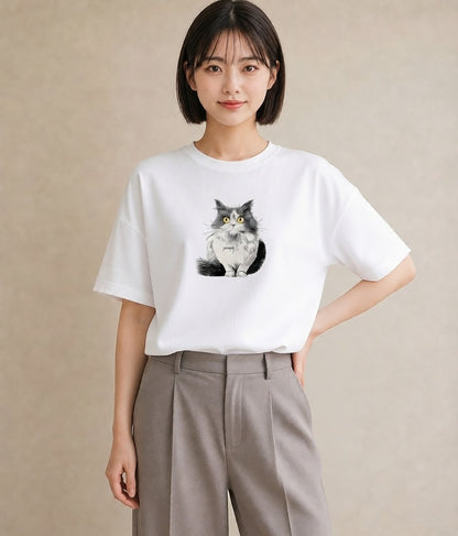Tシャツ レディース ペルシャ 猫 ねこ イラスト 北欧風 買い物 夏コーデ 白T YMAZO