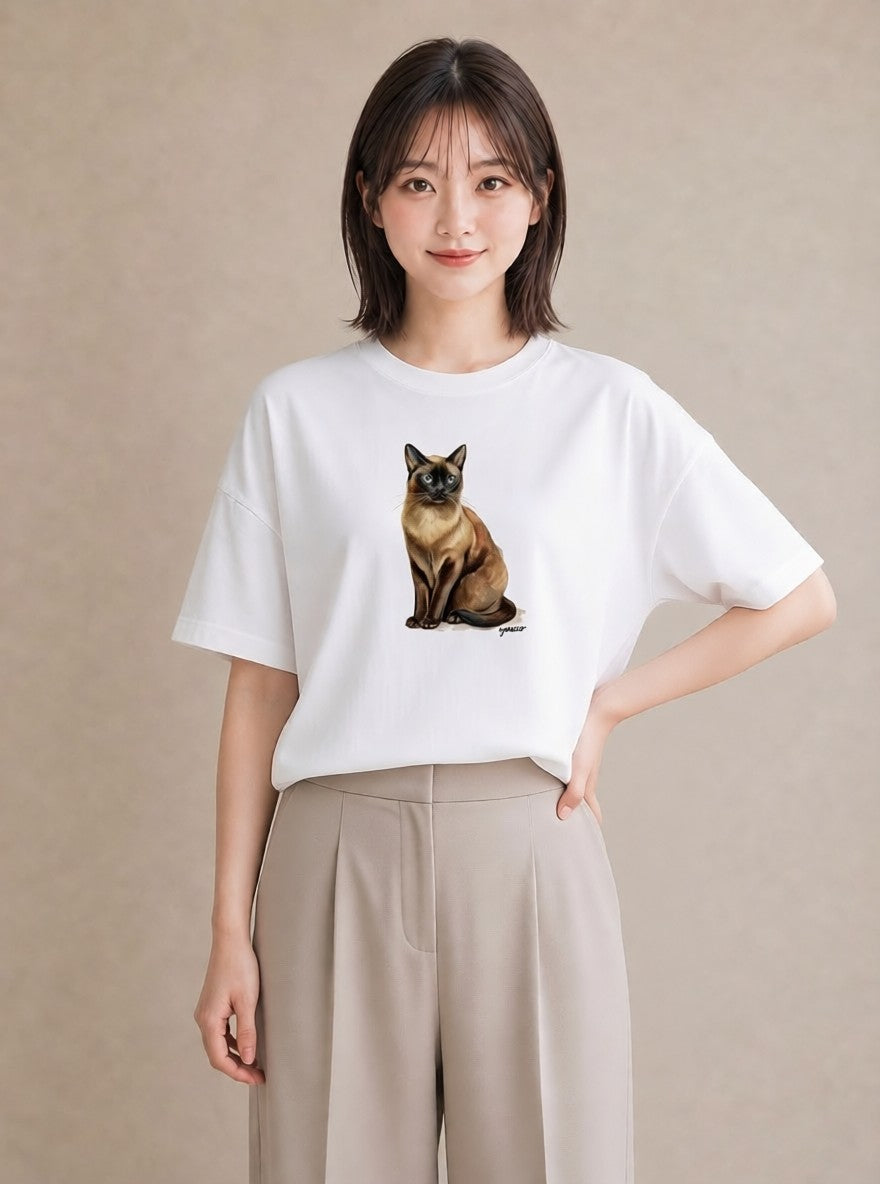 プリントTシャツ レディース サビ猫 猫 ねこ イラスト ミニマル デイリーウェア 休日 白T YMAZO