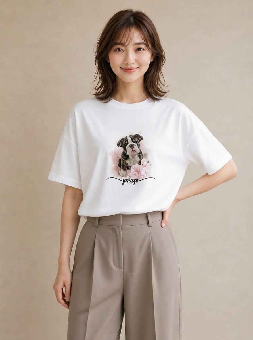 グラフィックTシャツ レディース わんちゃん 犬 いぬ イラスト ゆるコーデ ラフ レイヤード 白T YMAZO