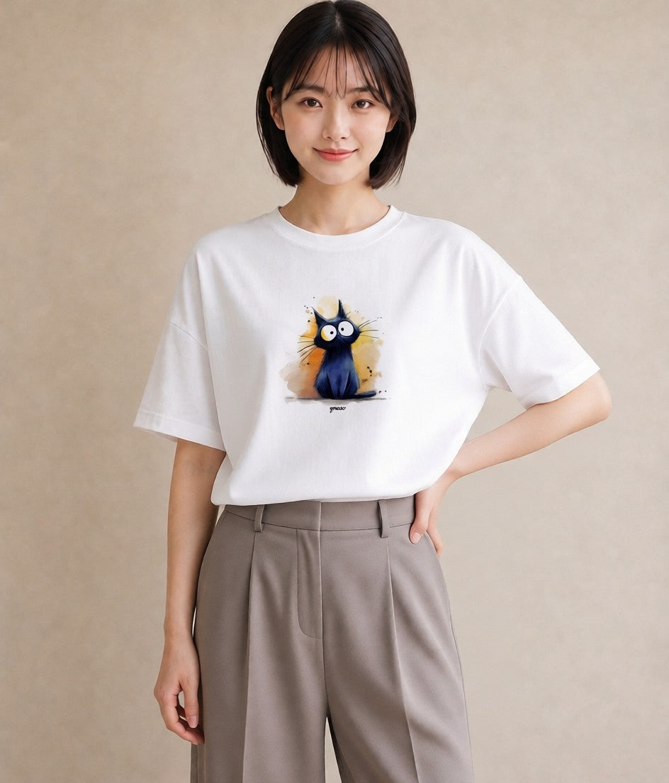 半袖Tシャツ レディース ロシアンブルー 猫 ねこ イラスト カフェコーデ 通学 誕生日プレゼント 白T YMAZO