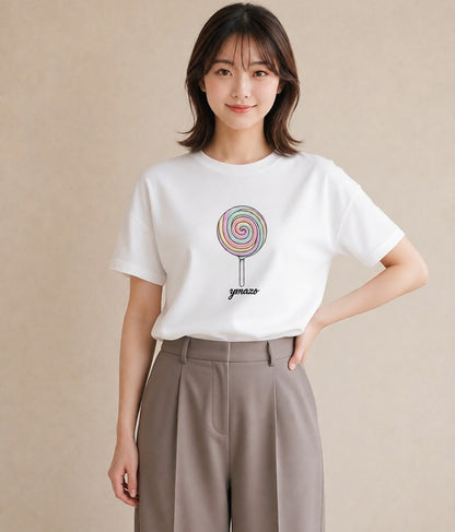 プリントTシャツ レディース キャンディ 食べ物 フード イラスト 北欧風 散歩 お出かけ 白T YMAZO