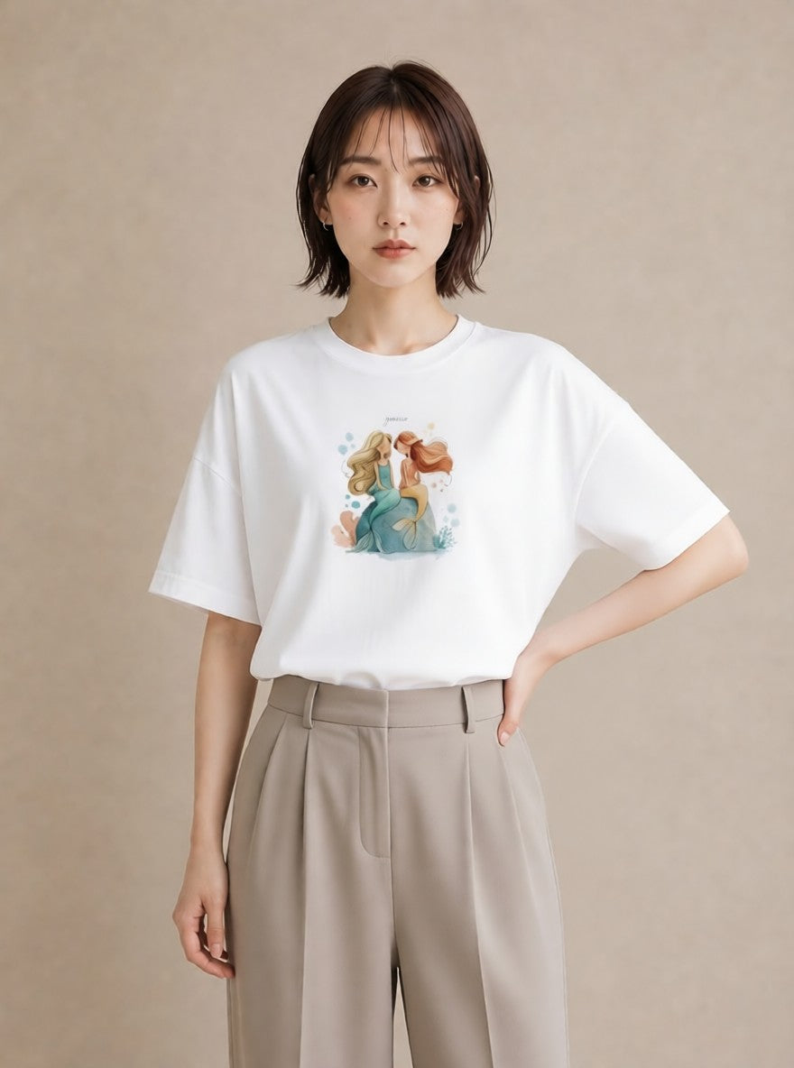 プリントTシャツ レディース 人魚 海の生き物 海 イラスト 韓国風 帰省 ラフ 白T YMAZO