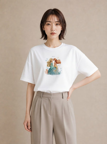 プリントTシャツ レディース 人魚 海の生き物 海 イラスト 韓国風 帰省 ラフ 白T YMAZO