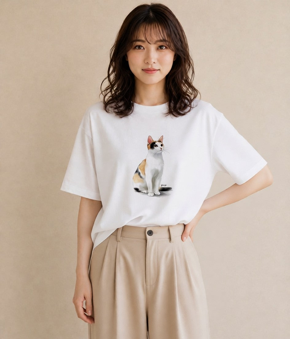 半袖Tシャツ レディース ベンガル 猫 ねこ イラスト ゆるかわ 買い物 夏コーデ 白T YMAZO