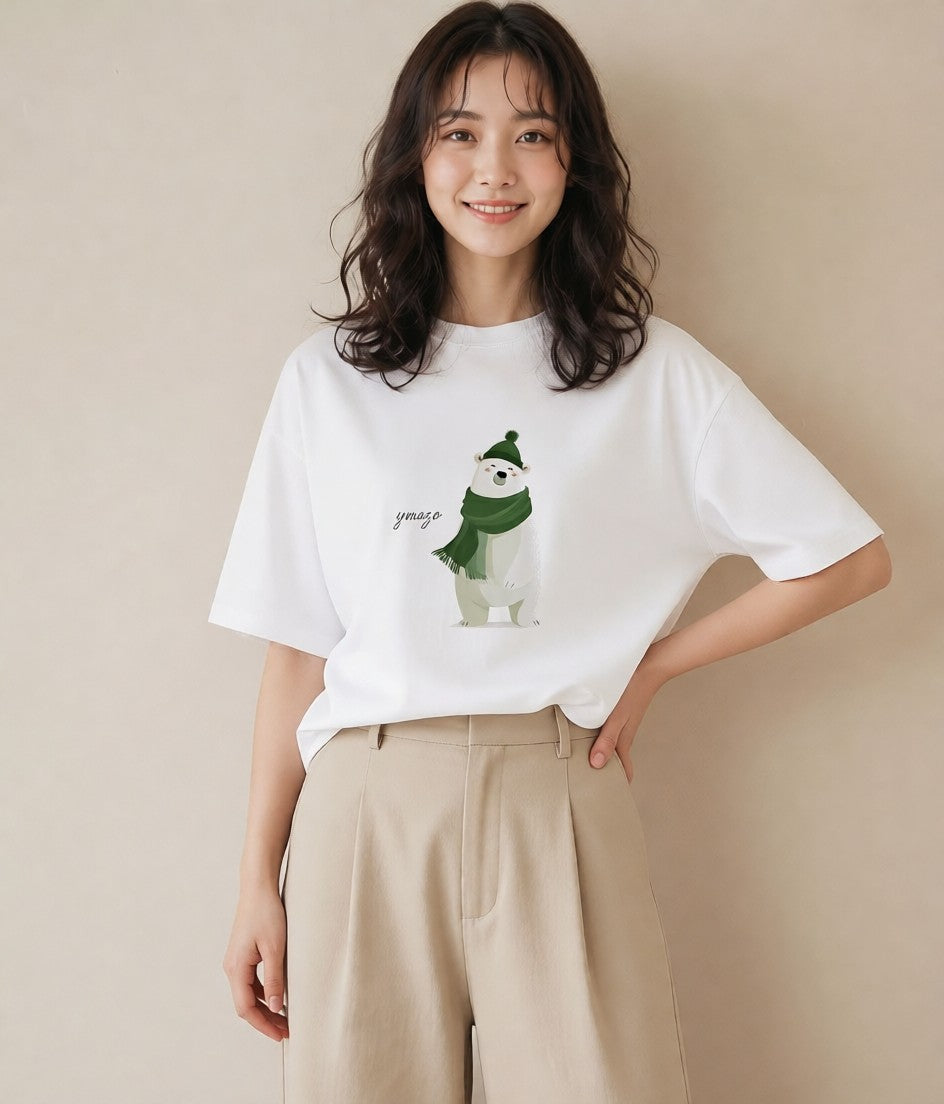 半袖Tシャツ レディース しろくま 白くま 動物 アニマル イラスト きれいめ 海 カフェ巡り 白T YMAZO