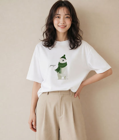 半袖Tシャツ レディース しろくま 白くま 動物 アニマル イラスト きれいめ 海 カフェ巡り 白T YMAZO