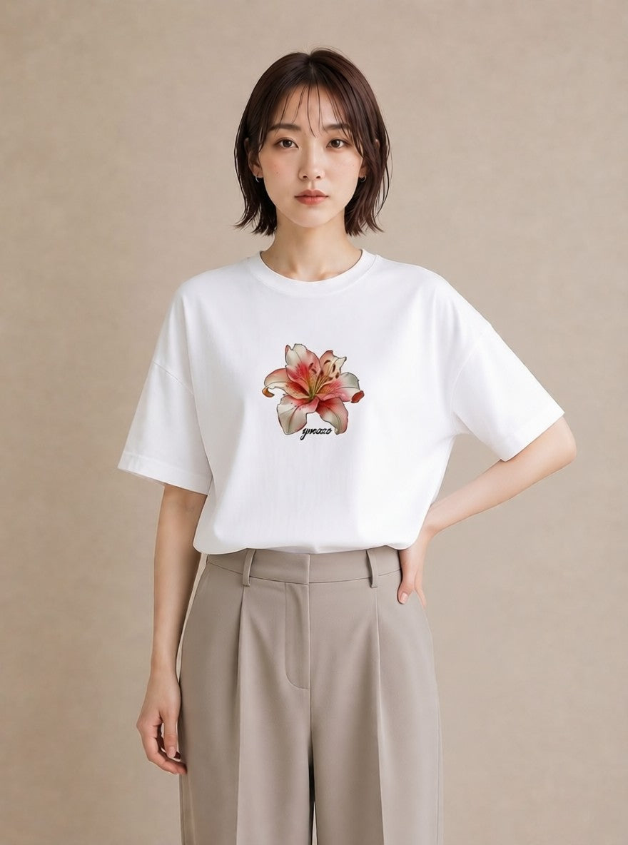 Tシャツ レディース ゆり 百合 花 花柄 イラスト モード 帰省 ラフ 白T YMAZO