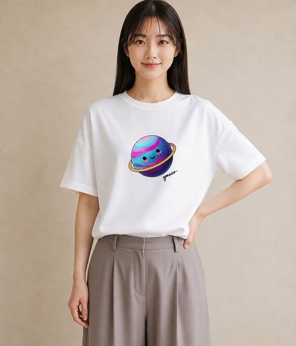 Tシャツ レディース 惑星 星空 宇宙 イラスト ミニマル 通勤 在宅 白T YMAZO