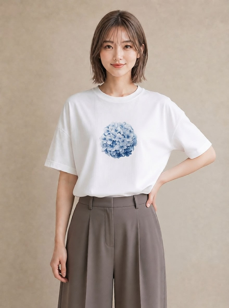 グラフィックTシャツ レディース あじさい 紫陽花 アジサイ 花 花柄 イラスト お洒落 通勤 在宅 白T YMAZO