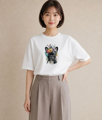 デザインTシャツ レディース フレンチブルドッグ フレブル 犬 いぬ イラスト カフェ服 クリスマス 白T YMAZO