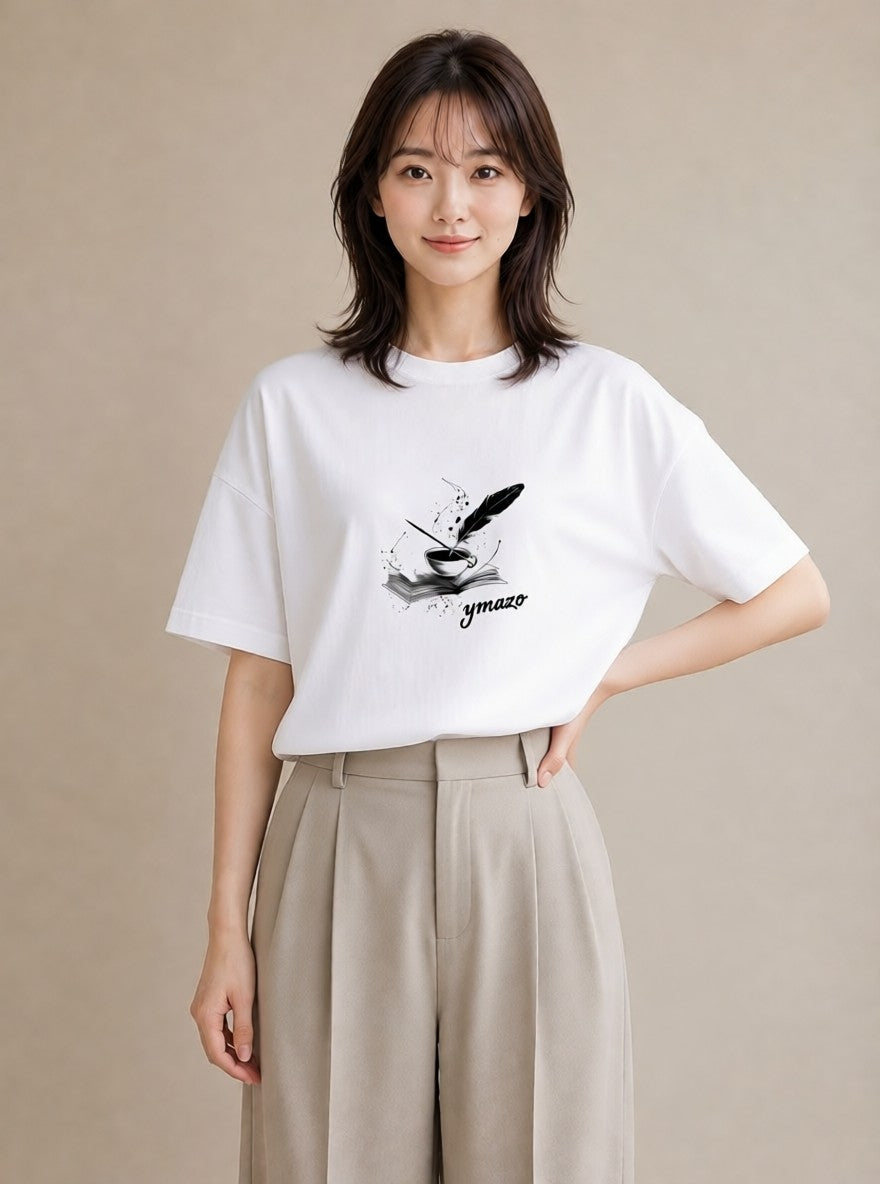 デザインTシャツ レディース 本 読書 ブック イラスト カフェコーデ 休日 ペアコーデ 白T YMAZO