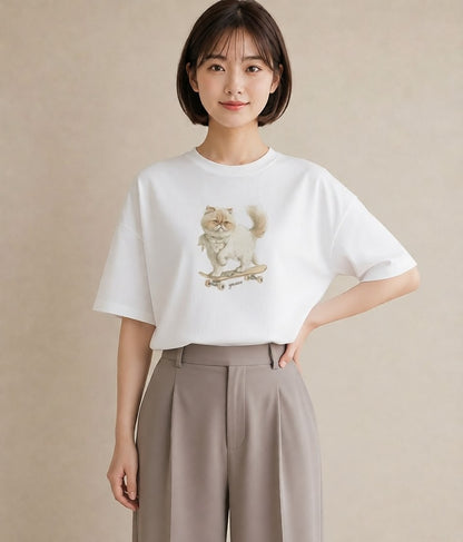 Tシャツ レディース ペルシャ 猫 ねこ イラスト 個性的 春服 ミセス 白T YMAZO
