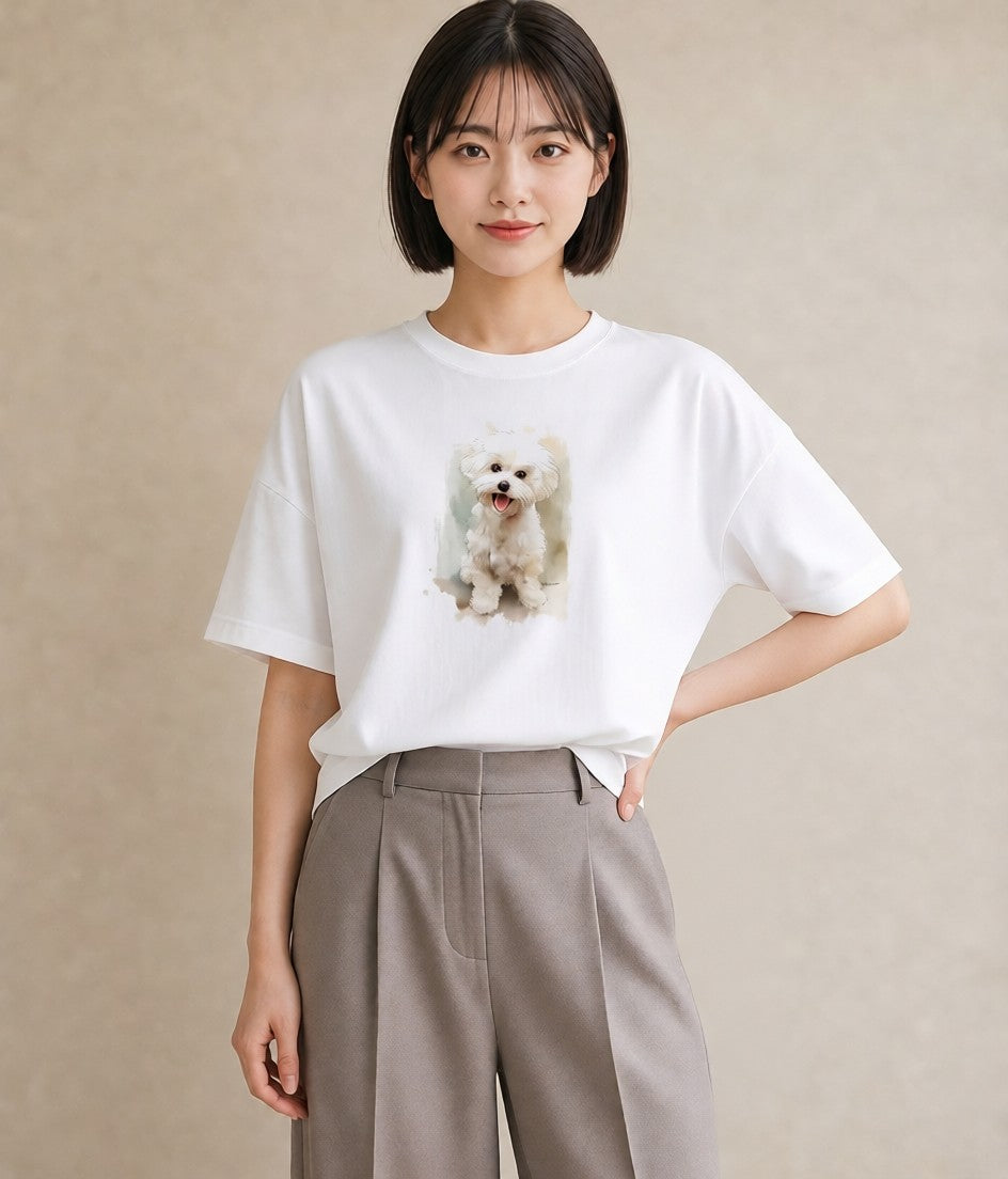 プリントTシャツ レディース わんちゃん 犬 いぬ イラスト 淡色 カジュアルコーデ 買い物 白T YMAZO