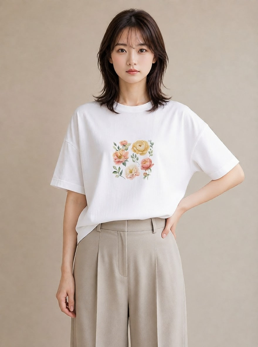 プリントTシャツ レディース 椿 花 花柄 イラスト 淡色 デイリーウェア 休日 白T YMAZO