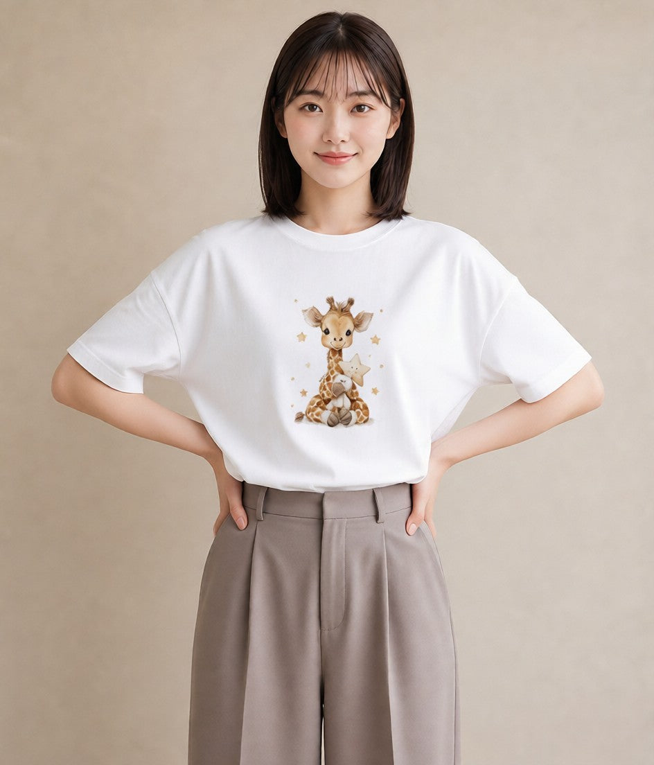 Tシャツ レディース きりん 動物 アニマル イラスト 水彩風 レイヤード 友達ギフト 白T YMAZO