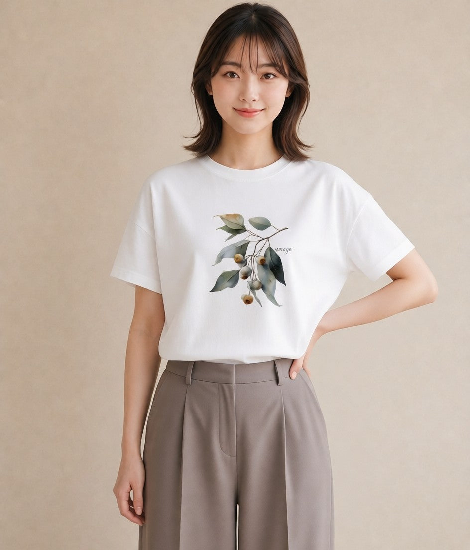 グラフィックTシャツ レディース どんぐり 植物 ボタニカル イラスト お洒落 公園 ママ 白T YMAZO