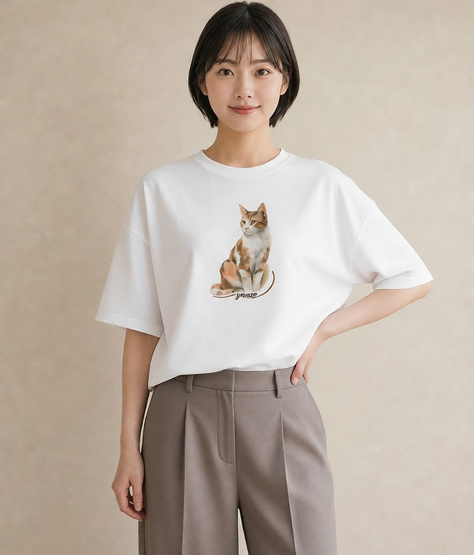 グラフィックTシャツ レディース 白猫 猫 ねこ イラスト カフェコーデ レイヤード 友達ギフト 白T YMAZO