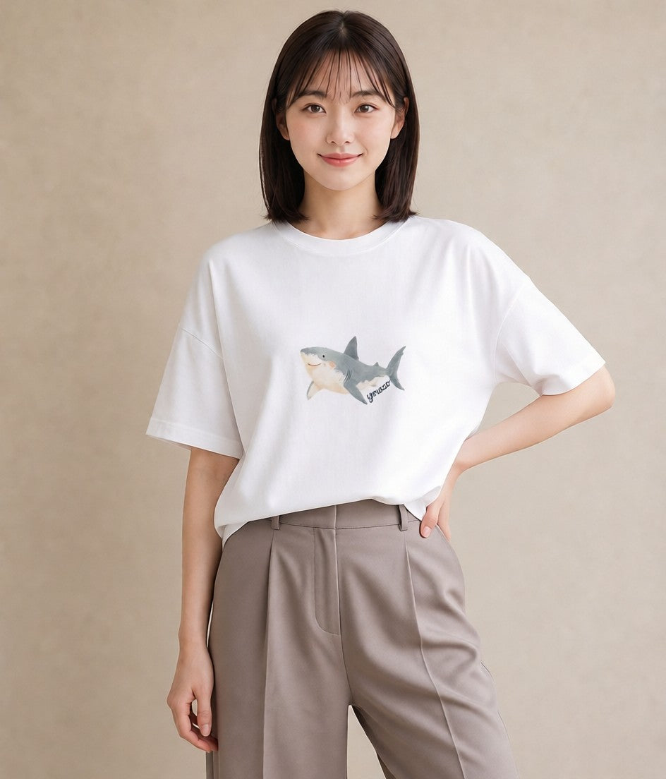 プリントTシャツ レディース ジンベエザメ 海の生き物 海 イラスト お洒落 20代 カジュアルコーデ 白T YMAZO