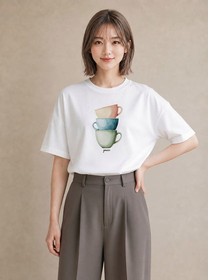 Tシャツ レディース カフェラテ 食べ物 フード イラスト ニュアンス 友達ギフト 部屋着 白T YMAZO